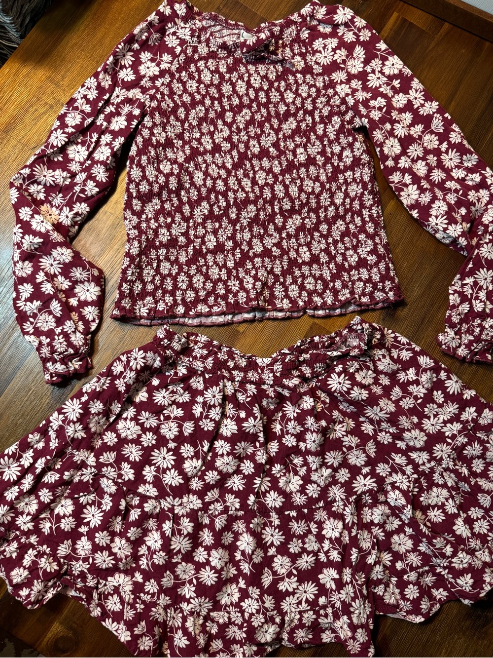 Girls' Floral Burgundy Long-Sleeve Smocked Dress - Picture 2 of 11